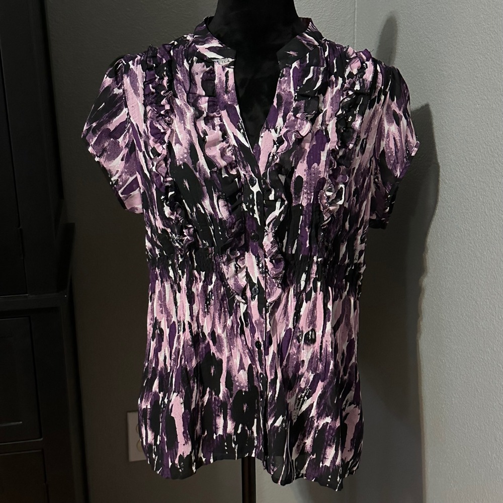 New Options‎ Blouse XL Purple Abstract Ruffle Button Y2K Indie Grunge Artsy
